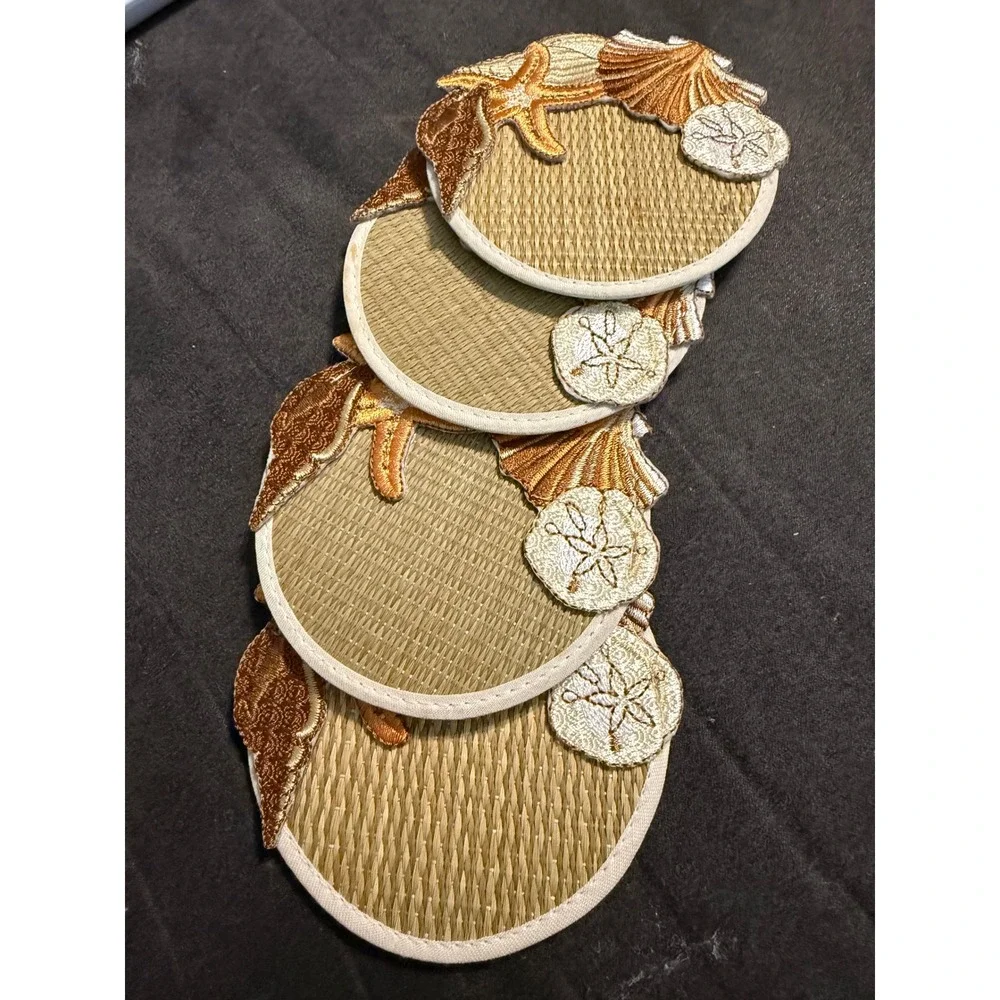 Epic Seashells Glass Slipper Coasters Set of 4 Woven Fabric Seascapes Collection